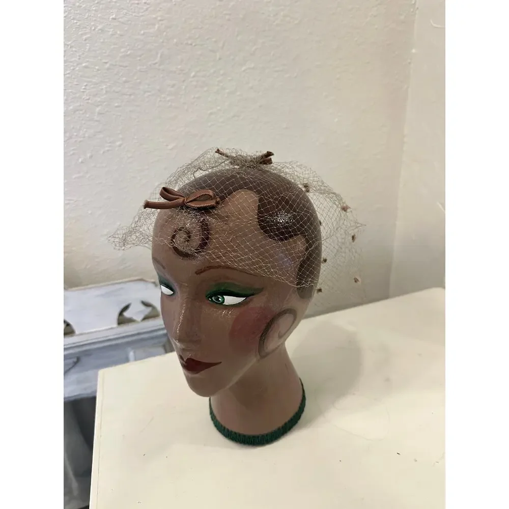 Vintage Netted Veil Bows Brown Polka Dot Headpiece Fascinator